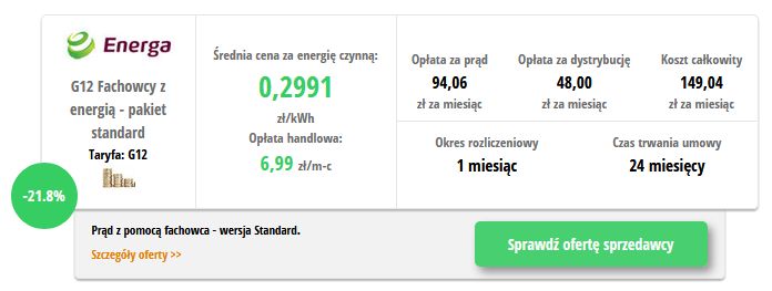 Energa Fachowcy z energią G12 - wynik z porównywarki cen prądu
