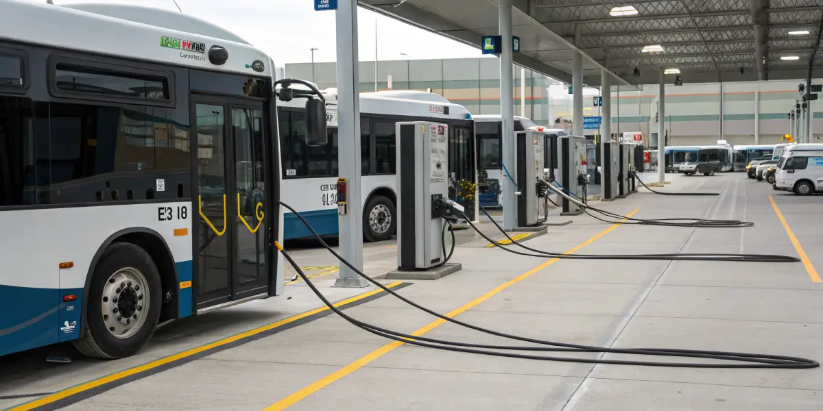 Ilustracja floty autobusów elektrycznych w zajezdni podłączonych do ładowania