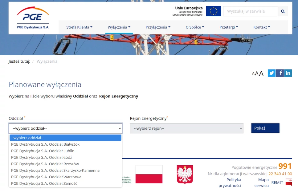 planowane wyłączenia prądu PGE