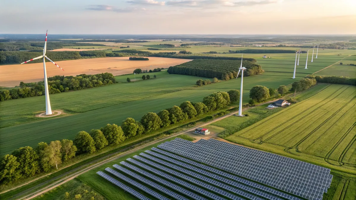 Wiatraki i farma PV z lotu ptaka